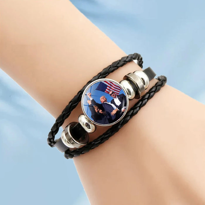 Trump 2024 Bracelet Leather Bracelet Adjustable Braided Bracelet Souvenir USA Flag Bead Bracelet for Men Women Charm