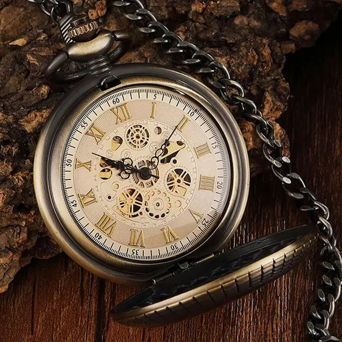 Solid Wood Mechanical Pocket Watch FOB Chain Locket Dial Hollow Steampunk Skeleton Men Women Mens Male Clock Watches Box Package