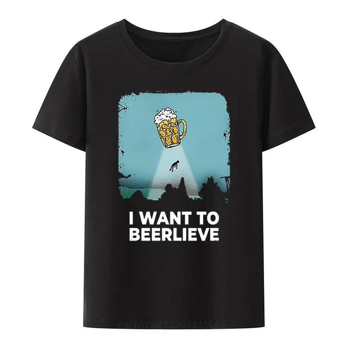 I Want To Beerlieve Men Tees Humor Beer Drinking Alien Abduction UFO Graphic T Shirts Women Tops Casual Streetwear Camisetas