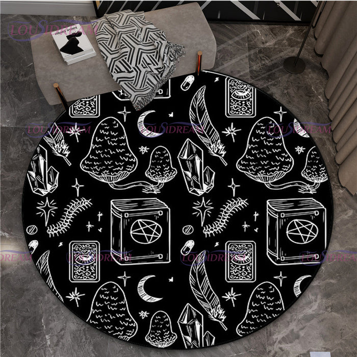 Gothic Triple Moon Goddess Pentagram Round Rug Mystic Sun Moon Black Cat Witch Round Rug Living Room Mats Yoga Round Rug