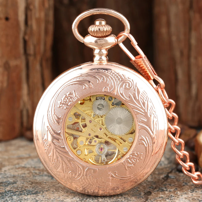 Vintage Mechanical Pocket Watches Hand Winding/Automatic Mechanical Pocket Pendant Chain Red Copper Timepiece Gift Clock Men