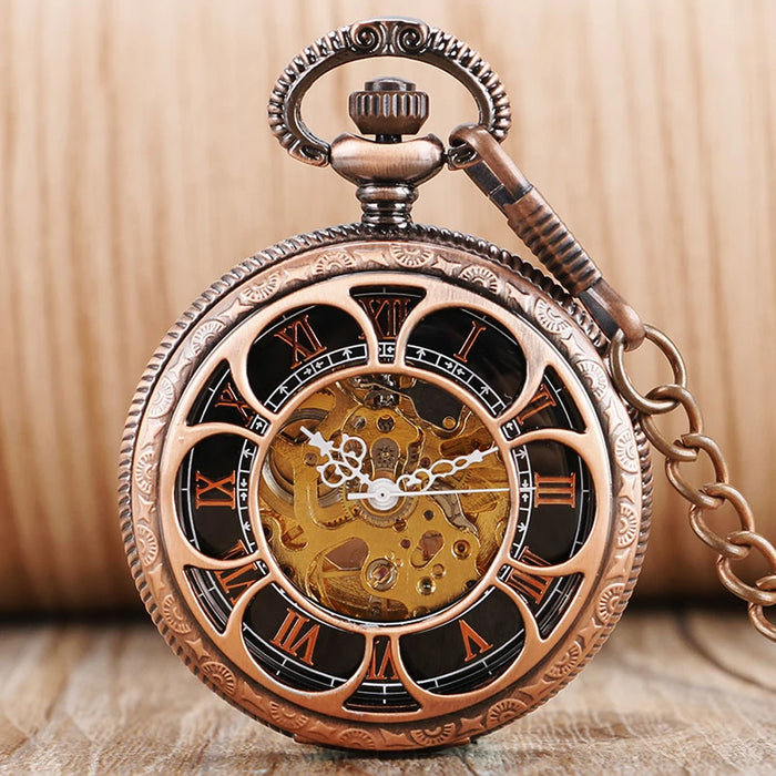 Vintage Mechanical Pocket Watches Hand Winding/Automatic Mechanical Pocket Pendant Chain Red Copper Timepiece Gift Clock Men