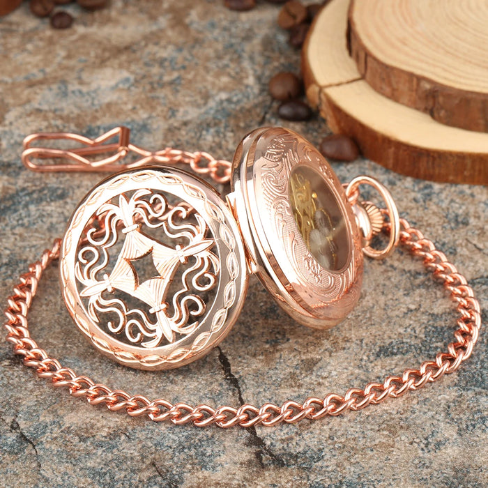 Vintage Mechanical Pocket Watches Hand Winding/Automatic Mechanical Pocket Pendant Chain Red Copper Timepiece Gift Clock Men