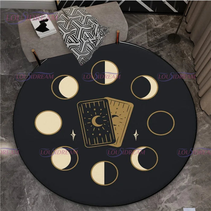 Gothic Triple Moon Goddess Pentagram Round Rug Mystic Sun Moon Black Cat Witch Round Rug Living Room Mats Yoga Round Rug