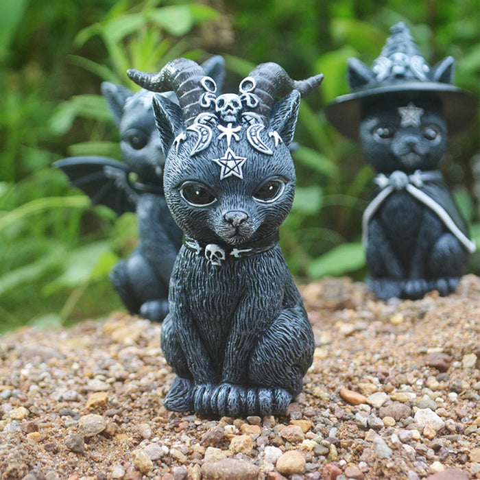 Halloween Decorative Figurine Garden Witch Cat Sculpture Gothic Kitten Statue Black Magic Cat Owl Ornament Wizard Cute Miniature