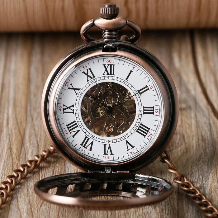 Vintage Mechanical Pocket Watches Hand Winding/Automatic Mechanical Pocket Pendant Chain Red Copper Timepiece Gift Clock Men