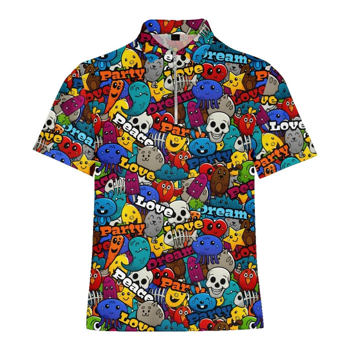 Cartoon Monster Graffiti Printed Summer Men's Zipper Collar Polo Shirts Casual Oversized Short Sleeve Fashion Tops Men Clothing