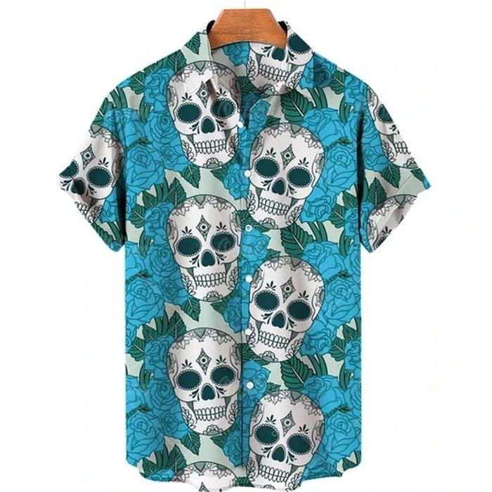 Men's shirt button up shirt summer shirt skull short sleeved V-neck fashion designer casual, comfortable and breathable