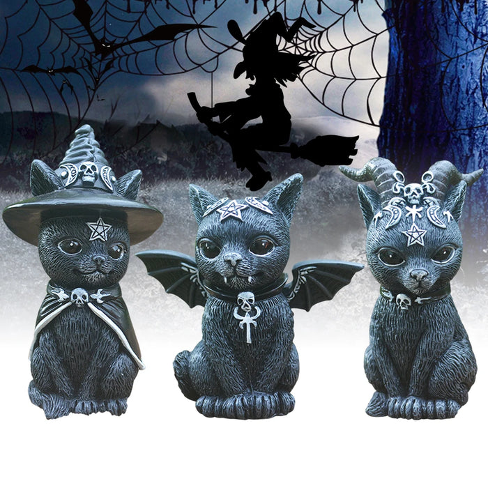 Halloween Decorative Figurine Garden Witch Cat Sculpture Gothic Kitten Statue Black Magic Cat Owl Ornament Wizard Cute Miniature