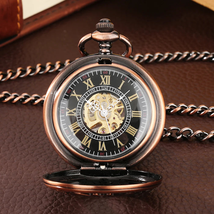 Vintage Mechanical Pocket Watches Hand Winding/Automatic Mechanical Pocket Pendant Chain Red Copper Timepiece Gift Clock Men