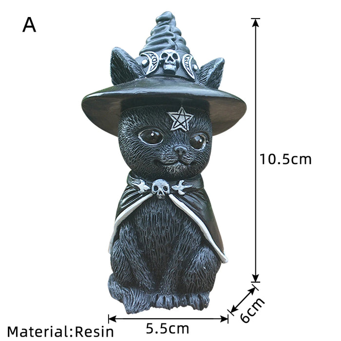 Halloween Decorative Figurine Garden Witch Cat Sculpture Gothic Kitten Statue Black Magic Cat Owl Ornament Wizard Cute Miniature