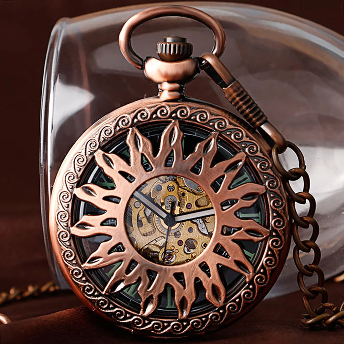 Vintage Mechanical Pocket Watches Hand Winding/Automatic Mechanical Pocket Pendant Chain Red Copper Timepiece Gift Clock Men