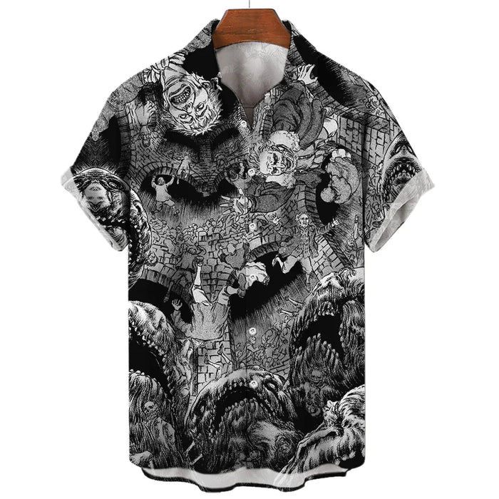 Summer Men's 3D Printed Horror Pattern Shirt Hawaiian Fashion Designer Tops Streetwear Clothes Gothic Short Sleeve Button