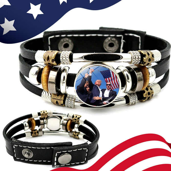 Trump 2024 Bracelet Leather Bracelet Adjustable Braided Bracelet Souvenir USA Flag Bead Bracelet for Men Women Charm