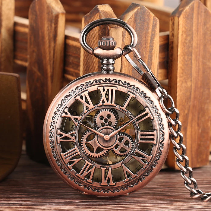 Vintage Mechanical Pocket Watches Hand Winding/Automatic Mechanical Pocket Pendant Chain Red Copper Timepiece Gift Clock Men