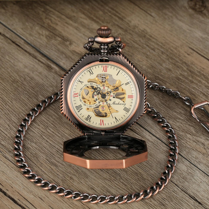 Vintage Mechanical Pocket Watches Hand Winding/Automatic Mechanical Pocket Pendant Chain Red Copper Timepiece Gift Clock Men