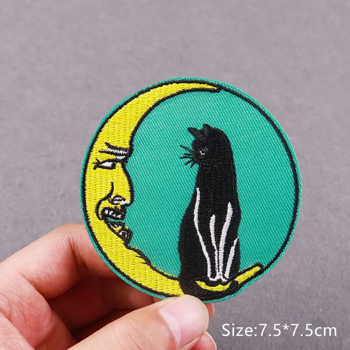 Hippie Cat Embroidered Patches For Clothing Thermoadhesive Patches Outdoor Wave Wolf Patch Iron on Patch on Clothes Applique DIY