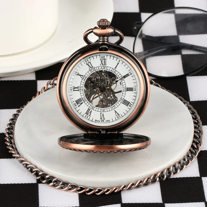 Vintage Mechanical Pocket Watches Hand Winding/Automatic Mechanical Pocket Pendant Chain Red Copper Timepiece Gift Clock Men