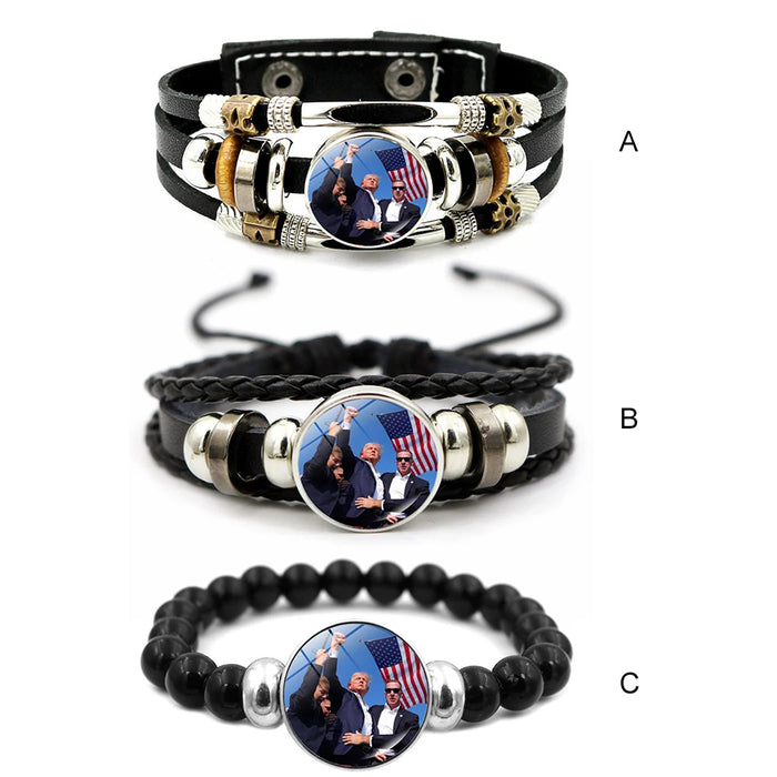 Trump 2024 Bracelet Leather Bracelet Adjustable Braided Bracelet Souvenir USA Flag Bead Bracelet for Men Women Charm