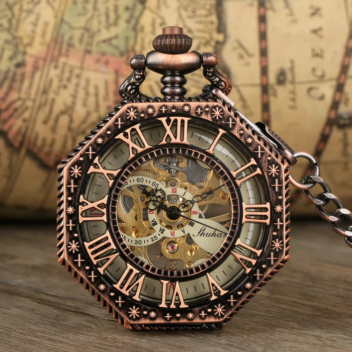 Vintage Mechanical Pocket Watches Hand Winding/Automatic Mechanical Pocket Pendant Chain Red Copper Timepiece Gift Clock Men