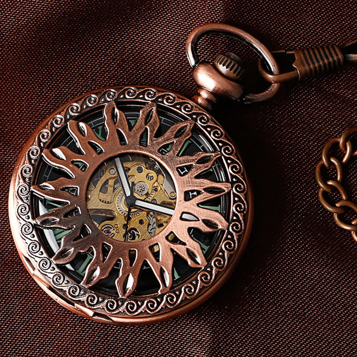 Vintage Mechanical Pocket Watches Hand Winding/Automatic Mechanical Pocket Pendant Chain Red Copper Timepiece Gift Clock Men