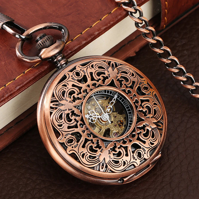 Vintage Mechanical Pocket Watches Hand Winding/Automatic Mechanical Pocket Pendant Chain Red Copper Timepiece Gift Clock Men