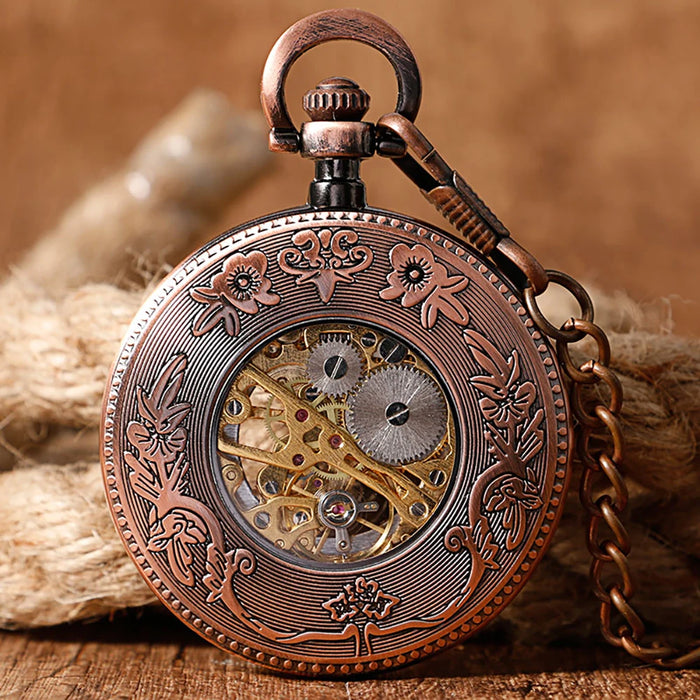 Vintage Mechanical Pocket Watches Hand Winding/Automatic Mechanical Pocket Pendant Chain Red Copper Timepiece Gift Clock Men