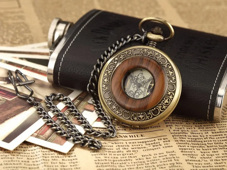 Solid Wood Mechanical Pocket Watch FOB Chain Locket Dial Hollow Steampunk Skeleton Men Women Mens Male Clock Watches Box Package