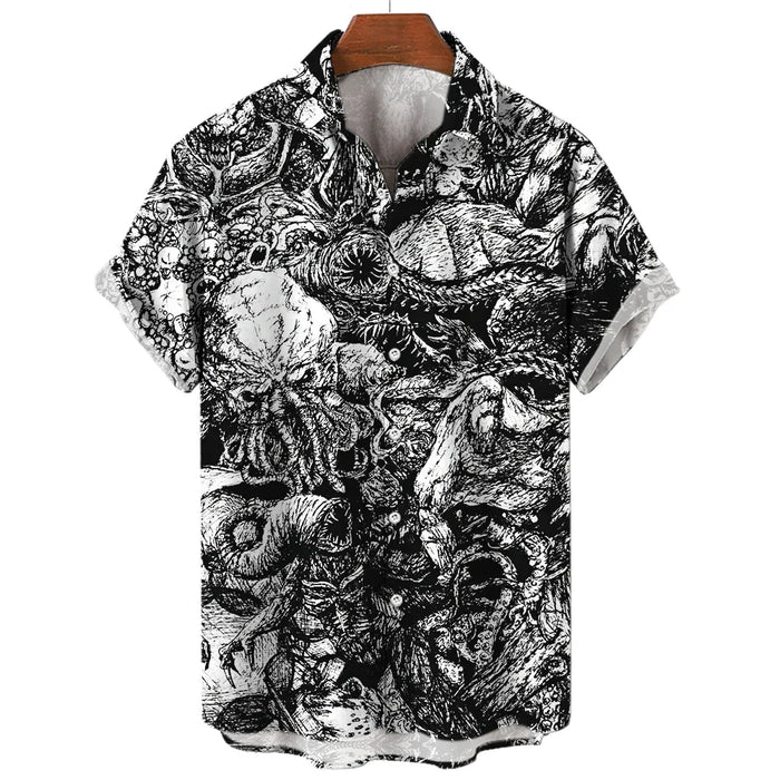 Summer Men's 3D Printed Horror Pattern Shirt Hawaiian Fashion Designer Tops Streetwear Clothes Gothic Short Sleeve Button