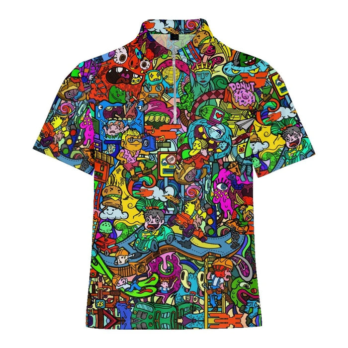 Cartoon Monster Graffiti Printed Summer Men's Zipper Collar Polo Shirts Casual Oversized Short Sleeve Fashion Tops Men Clothing