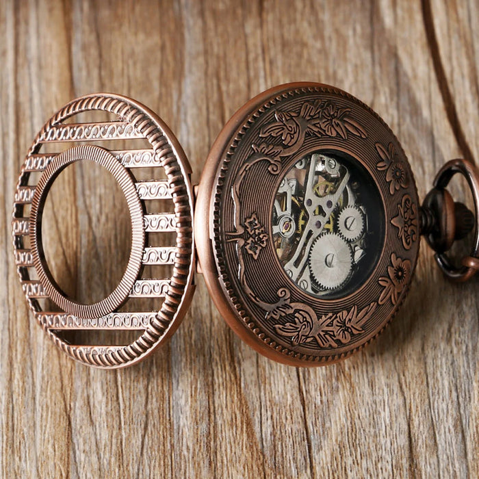 Vintage Mechanical Pocket Watches Hand Winding/Automatic Mechanical Pocket Pendant Chain Red Copper Timepiece Gift Clock Men