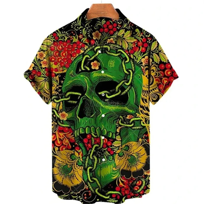 Men's shirt button up shirt summer shirt skull short sleeved V-neck fashion designer casual, comfortable and breathable