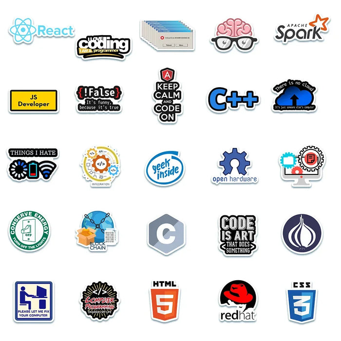 50pcs Programming Stickers Geek Python Java Internet php Docker Html Bitcoin Vinyl Decals Laptop Phone Sticker for Kids Toy Gift