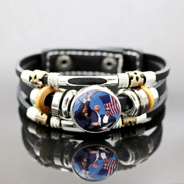 Trump 2024 Bracelet Leather Bracelet Adjustable Braided Bracelet Souvenir USA Flag Bead Bracelet for Men Women Charm