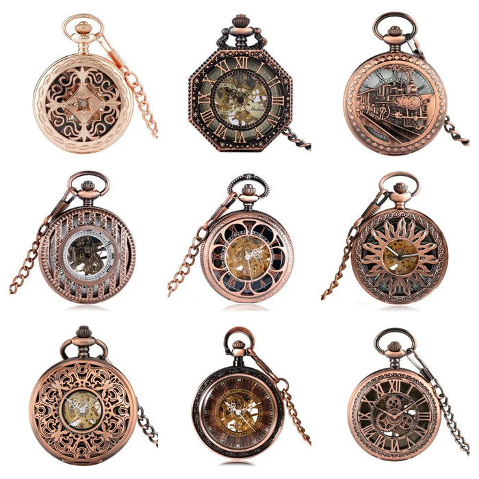 Vintage Mechanical Pocket Watches Hand Winding/Automatic Mechanical Pocket Pendant Chain Red Copper Timepiece Gift Clock Men