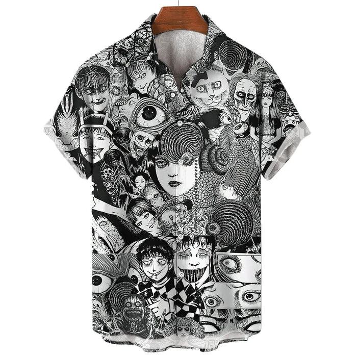 Summer Men's 3D Printed Horror Pattern Shirt Hawaiian Fashion Designer Tops Streetwear Clothes Gothic Short Sleeve Button