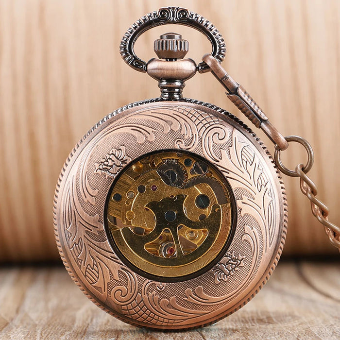 Vintage Mechanical Pocket Watches Hand Winding/Automatic Mechanical Pocket Pendant Chain Red Copper Timepiece Gift Clock Men