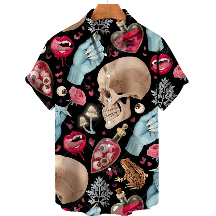 Funny Skull 3D Printed Shirt Man/Women Casual Fashion Short Sleeves Shirts Men Button Lapel Streetwear Oversized Unisex Clothing