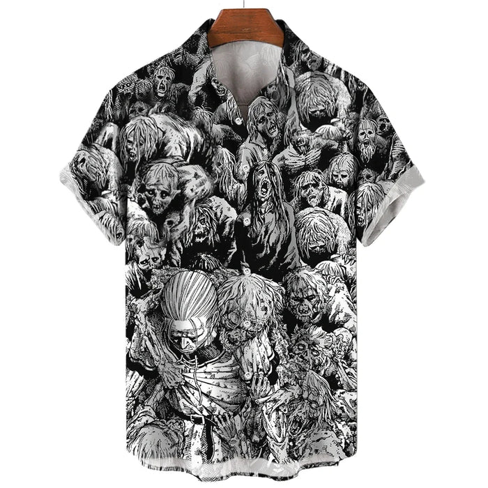 Summer Men's 3D Printed Horror Pattern Shirt Hawaiian Fashion Designer Tops Streetwear Clothes Gothic Short Sleeve Button