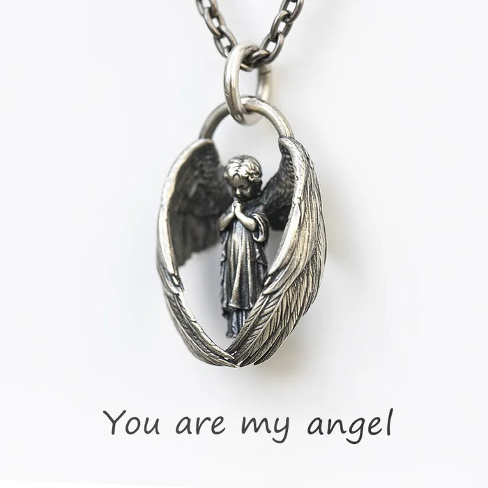 Retro Silver Color Angel Pendant Cute Little Boy Prayer Necklace Men and Women Charm Fashion Amulet Jewelry Birthday Gift