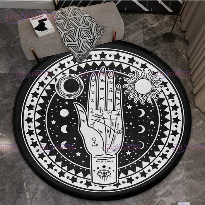 Gothic Triple Moon Goddess Pentagram Round Rug Mystic Sun Moon Black Cat Witch Round Rug Living Room Mats Yoga Round Rug