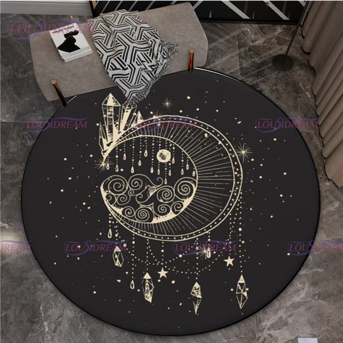 Gothic Triple Moon Goddess Pentagram Round Rug Mystic Sun Moon Black Cat Witch Round Rug Living Room Mats Yoga Round Rug