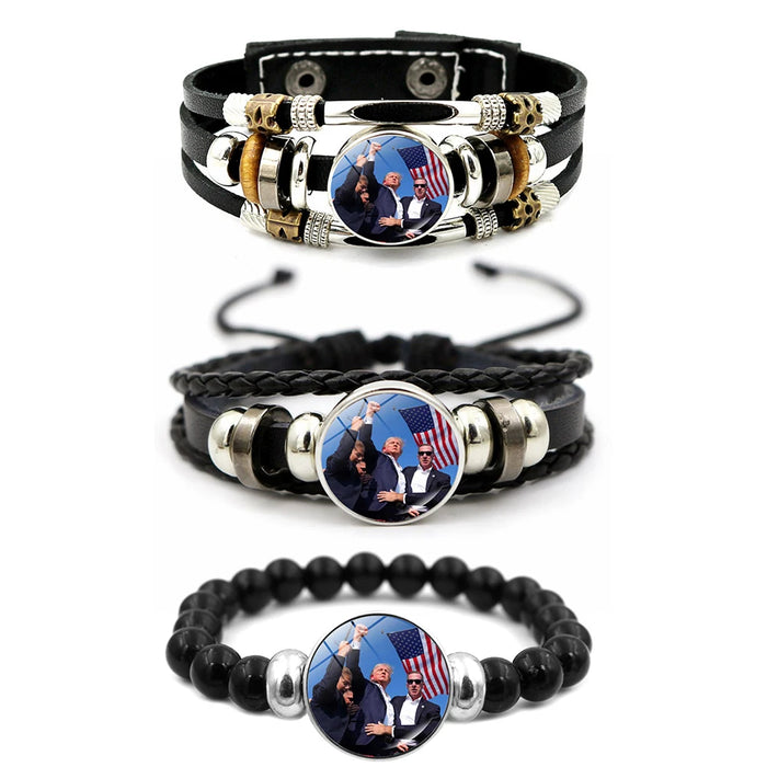 Trump 2024 Bracelet Leather Bracelet Adjustable Braided Bracelet Souvenir USA Flag Bead Bracelet for Men Women Charm