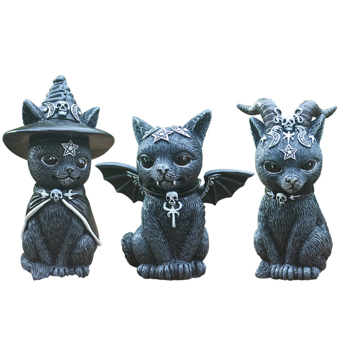 Halloween Decorative Figurine Garden Witch Cat Sculpture Gothic Kitten Statue Black Magic Cat Owl Ornament Wizard Cute Miniature