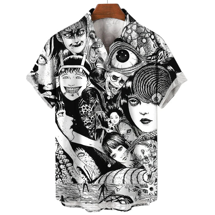 Summer Men's 3D Printed Horror Pattern Shirt Hawaiian Fashion Designer Tops Streetwear Clothes Gothic Short Sleeve Button