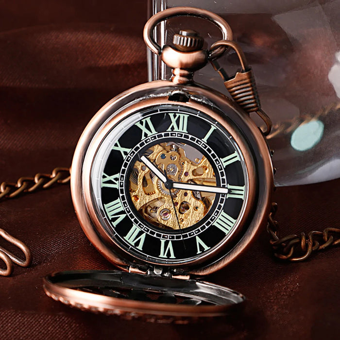 Vintage Mechanical Pocket Watches Hand Winding/Automatic Mechanical Pocket Pendant Chain Red Copper Timepiece Gift Clock Men