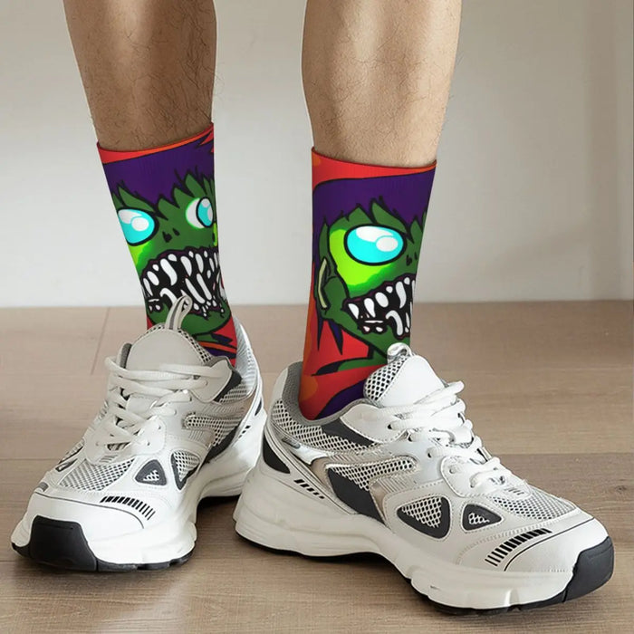 Crazy Sock for Men Burning Zombies Hip Hop Harajuku Zombie Video Gamer Happy Seamless Pattern Printed Boys Crew Sock Casual