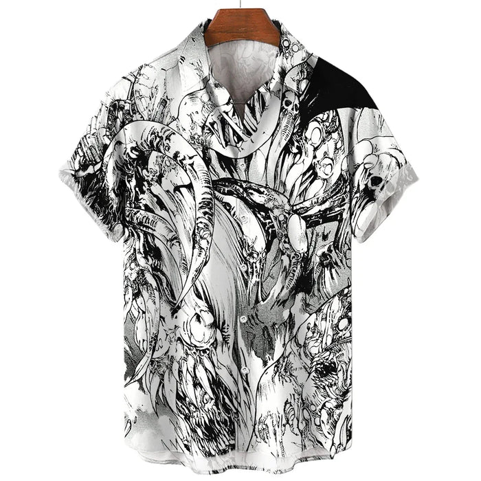 Summer Men's 3D Printed Horror Pattern Shirt Hawaiian Fashion Designer Tops Streetwear Clothes Gothic Short Sleeve Button