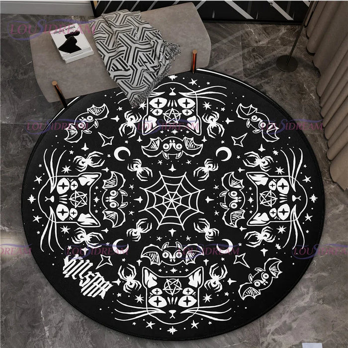 Gothic Triple Moon Goddess Pentagram Round Rug Mystic Sun Moon Black Cat Witch Round Rug Living Room Mats Yoga Round Rug