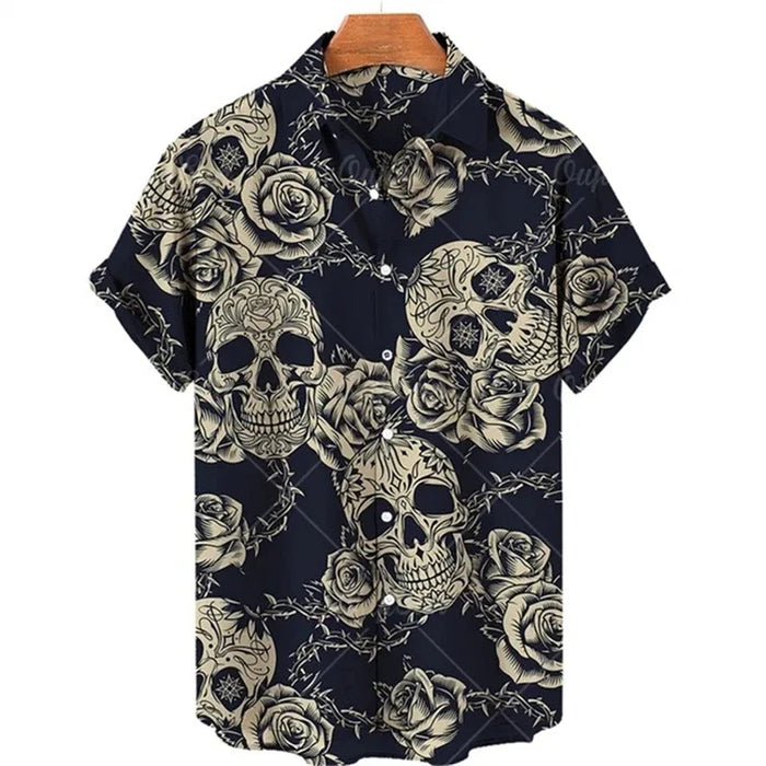 Men's shirt button up shirt summer shirt skull short sleeved V-neck fashion designer casual, comfortable and breathable